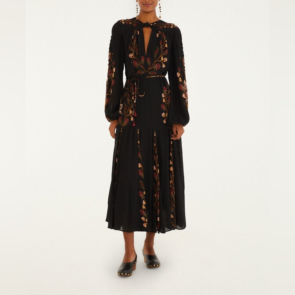 Farm Rio Black Berry Garden Long Sleeve Pleated Maxi Dress Size M - Picture 5 of 14
